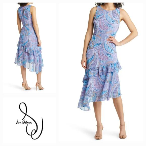 NWT Sam Edelman Summer Paisley Asymmetric Ruffle Midi Dress Sz. 8 Blue Multi - Picture 1 of 12
